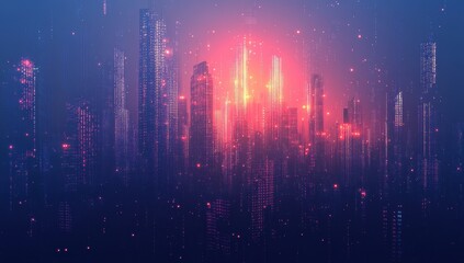 Obraz premium Beautiful futuristic city skyline with glowing lights and vibrant colors, symbolizing advanced technology and innovation in a digital world