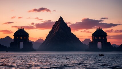 Fototapeta premium Serene lake scene featuring majestic mountain peak with traditional architecture during sunset.