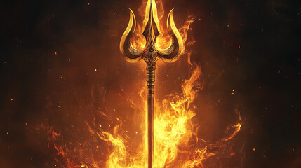 The golden trident of Lord Shiva, standing tall and majestic. Surrounded by flames, symbolizes power and spirituality, Maha shivaratri