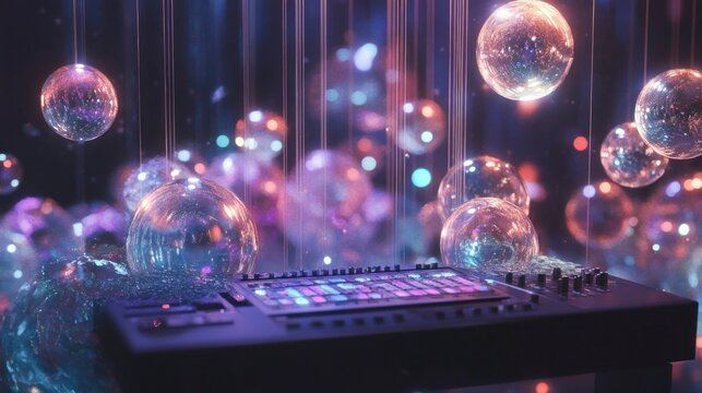 Interactive digital theremin performance with floating orbs enchanted atmosphere high-resolution visualization