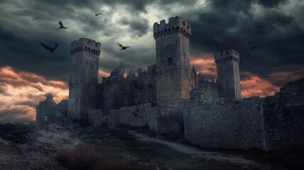 Fototapeta premium A dramatic image of an old medieval castle with crumbling stone walls, towers, and a dark, ominous sky, reflecting its haunting past and forgotten glory.