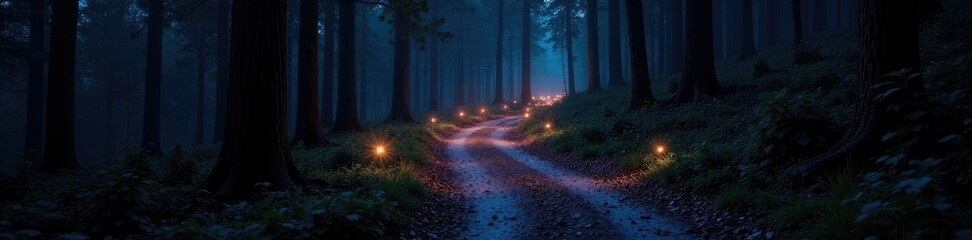 Fototapeta premium Twinkling lights along winding forest path at night, , shadows