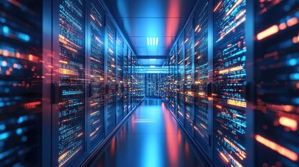Obraz premium Futuristic Data Center Corridor with Neon Lights and Server Racks