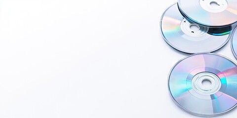 Collection of shiny CDs and DVDs positioned in the lower right corner on a bright white background with ample empty space for text or design.