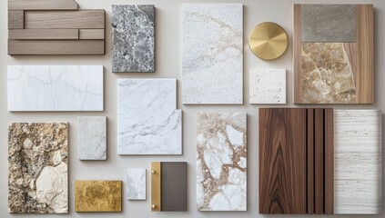Luxury stone, wood samples, design studio, material selection