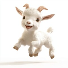 Funny baby goat jumping with tiny horns, isolated on white background