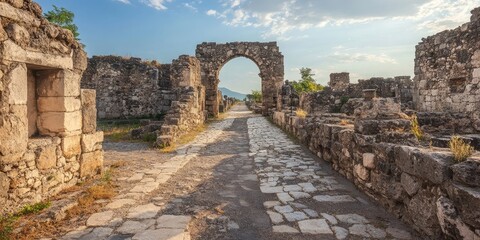 Ancient stone ruins with archway at horizon, overgrown pathways, scattered stones, and blue sky with soft clouds, creating a historical atmosphere.