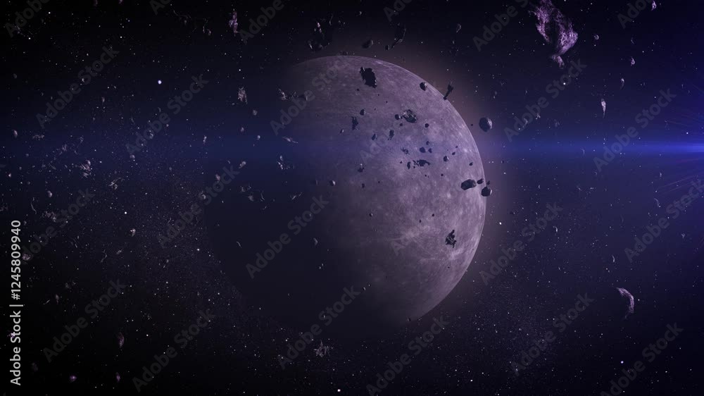 Wall mural the moon surrounded by drifting asteroids. a rugged moon with a cratered surface, encircled by a den