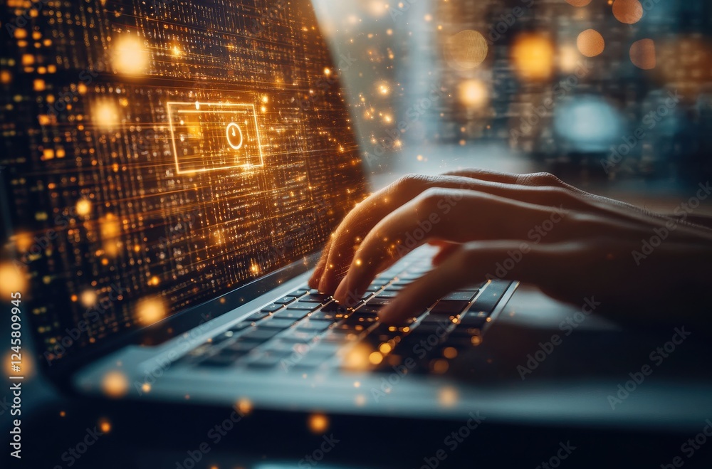 Poster close-up of hands typing on laptop with glowing digital elements and binary code background, represe