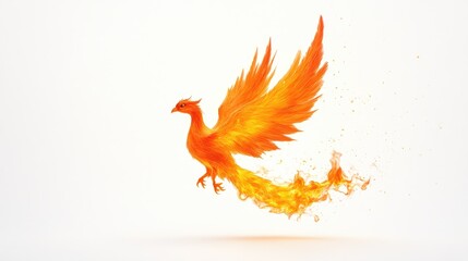 Obraz premium Vibrant phoenix emerging from flames, symbolizing rebirth and resilience against a white backdrop