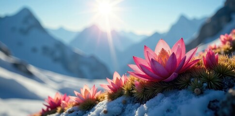 Alpine plants with crystalline structures refract sunlight on top of a glacier in the Swiss Alps, sun, nature
