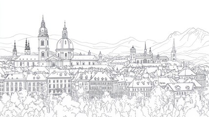 Austrian city skyline sketch, mountains background, travel guide illustration