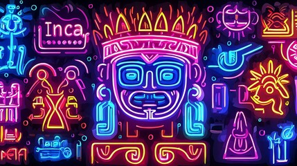 Vibrant Neon Inca Art A Digital Collage of Andean Symbols and Designs.