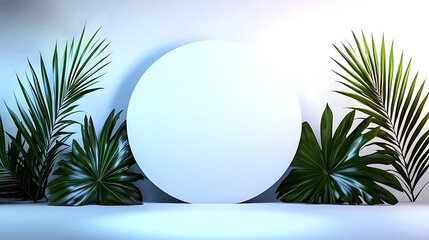 Minimalist Product Display with Lush Tropical Foliage and a White Circle
