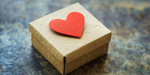 Craft paper box with a bright red heart on top positioned centrally, set against a textured blue background, symbolizing love and care.