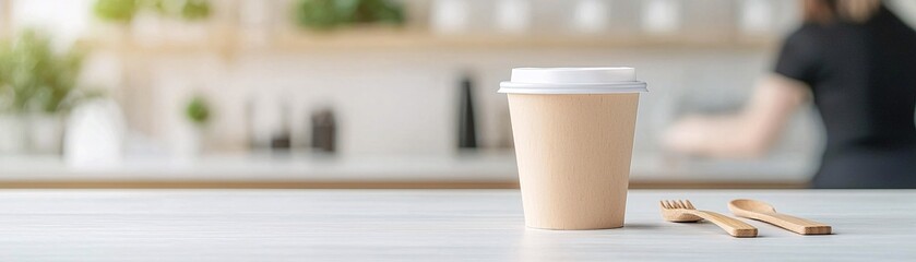 A bustling eco-friendly cafe with customers using reusable cups and wooden utensils. The cozy, plant-filled atmosphere reflects sustainable hospitality. Green business, conscious consumerism, modern