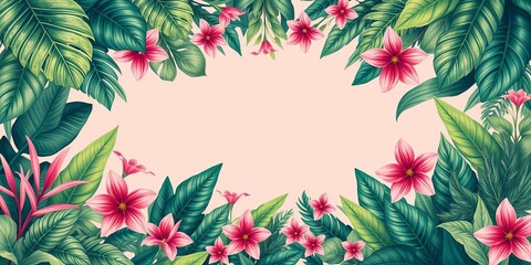Tropical vintage plants floral botanical seamless border on pink background, perfect for exotic jungle wallpaper, vintage, tropical, exotic