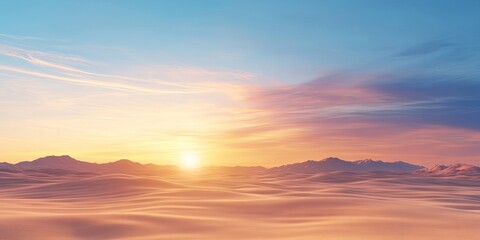 Serene desert landscape at sunset with soft golden and pink hues, smooth sand dunes in the foreground, and distant mountains under a blue sky.