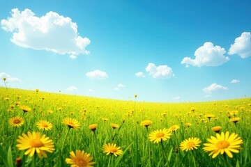 Obraz premium Golden dandelions carpet a field, azure sky above, calm, yellow, bright