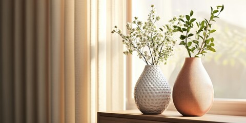 Decorative vases with flowers on a wooden commode near a sunlit window adorned with soft beige curtains creating a warm indoor ambiance
