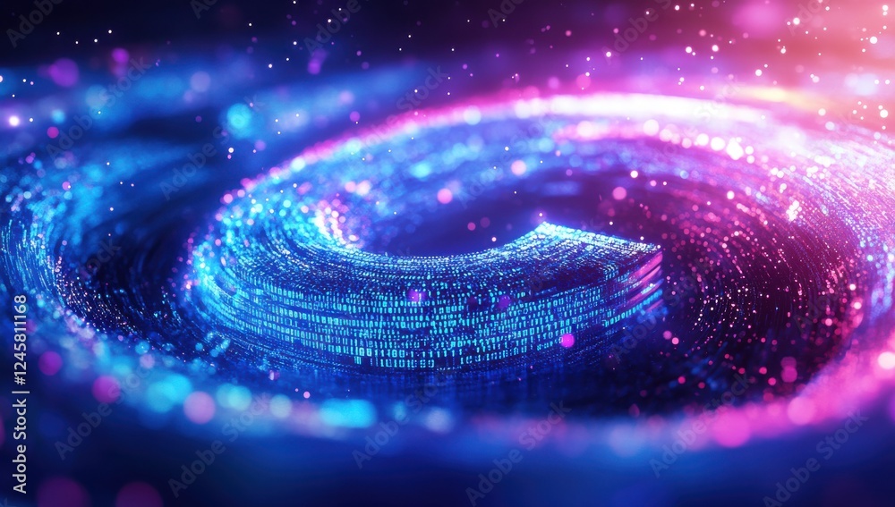 Poster colorful abstract background with swirling luminous particles and flowing digital data streams repre