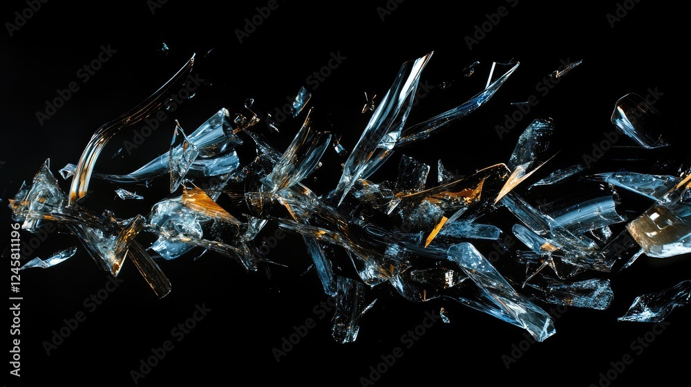Poster a dramatic shot of glass shards scattering in multiple directions, frozen mid-air with each piece sp