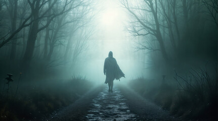 Solitary figure, hooded cloak, misty path.  Forest journey, enigmatic travel, mysterious woods.