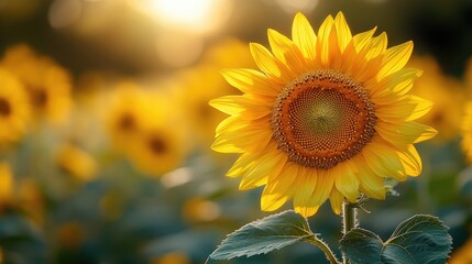 Fototapeta premium Vibrant sunflower stands tall in a lush field during golden hour, showcasing nature's beauty