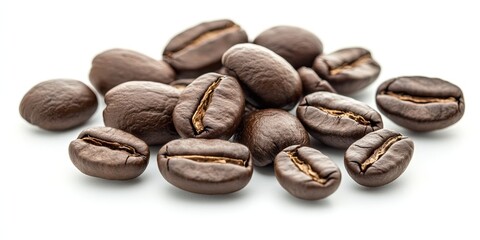 Naklejka premium Freshly roasted coffee beans in varying shades of dark brown are artfully arranged in a cluster on a bright white background for a striking visual appeal