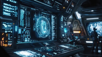 Obraz premium Futuristic Control Room with High-Tech Screens and Space View