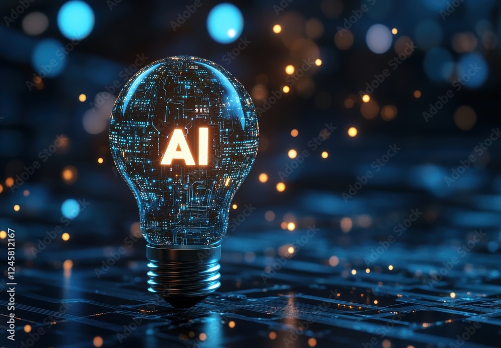 Poster conceptual representation of artificial intelligence symbolized by glowing light bulb with digital c