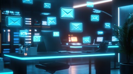 Fototapeta premium Futuristic Office Environment with Floating Email Notifications