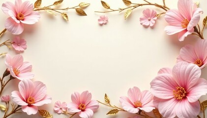 Delicate flower petals on a soft gold leaf border in a subtle ivory background, luxury, delicate, petals
