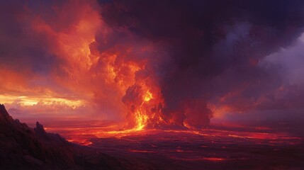 Obraz premium A dramatic volcanic eruption under a stormy sky, with fiery lava flowing through a rugged landscape, capturing the raw power of nature amidst dark clouds.