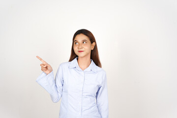 Smiling and presenting with  pointing aside Of Beautiful Asian Woman Isolated On White Background