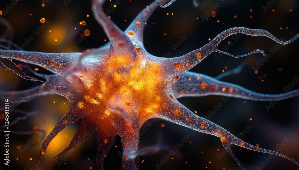 Poster detailed close-up of a neuron with glowing connections and intricate structures in a colorful neuron