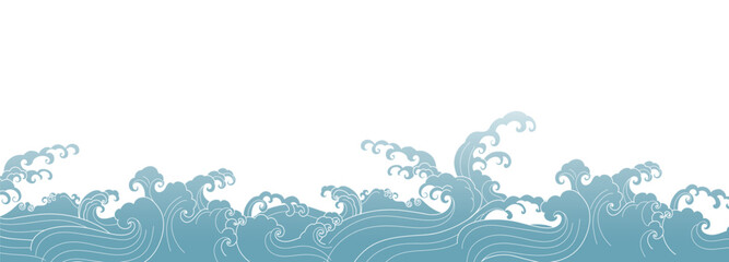 Japanese sea wave background vector. Wallpaper design with white line art and blue ocean wave pattern backdrop. Modern luxury oriental illustration for cover, banner, website, decor, interior