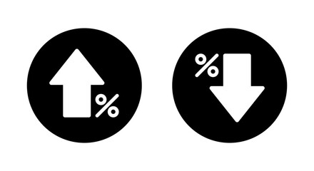 Growth and decline percent arrow icon on black circle. Percentage up and down sign. Discount symbol