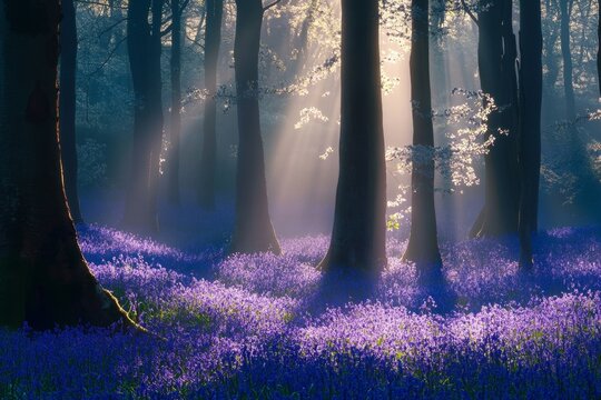 Sunbeams illuminate bluebell forest floor, misty background, nature scene - Powered by Adobe