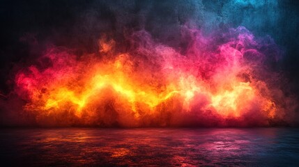 Fototapeta premium Colorful smoke, studio backdrop, reflection, dark