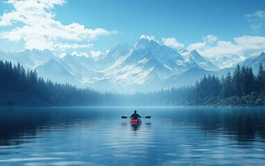 Serene Kayaker on Calm Lake Surrounded by Snow-Capped Mountains