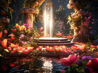 Enchanted Garden with Glowing Fountain at Night