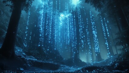 Enchanted forest with shimmering blue lights and mist, creating a mystical atmosphere in a tranquil, dense woodland