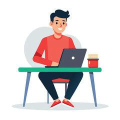 a man is sitting on the table with his laptop