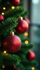 Obraz premium Glittering ornaments hang from a branch of evergreen trees, festive, evergreen trees