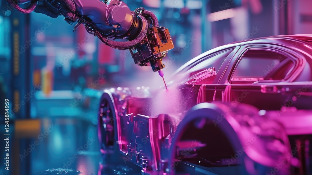 Poster A dynamic scene of a robotic arm spraying colorful paint on car parts, showcasing the accuracy and efficiency of automated painting in vehicle production.