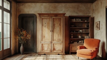 Interior with wooden cabinet and armchair