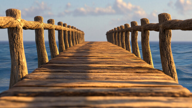 A scenic wooden pier stretches into a tranquil sea under a soft and warm sunset, evoking a sense of peace, serenity, and nature’s beauty.
