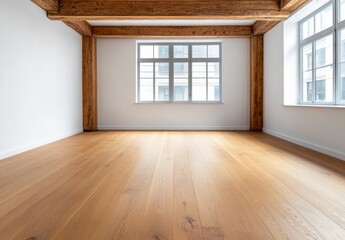Obraz premium Bright Empty Room With Hardwood Floors And Exposed Wooden Beams