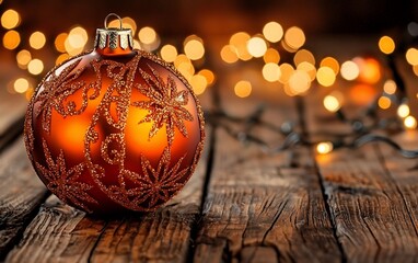 Festive orange bauble on rustic wood, bokeh lights